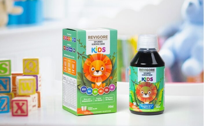 Embalagem do Revigore Kids, suplemento alimentar que completa a alimentação das crianças